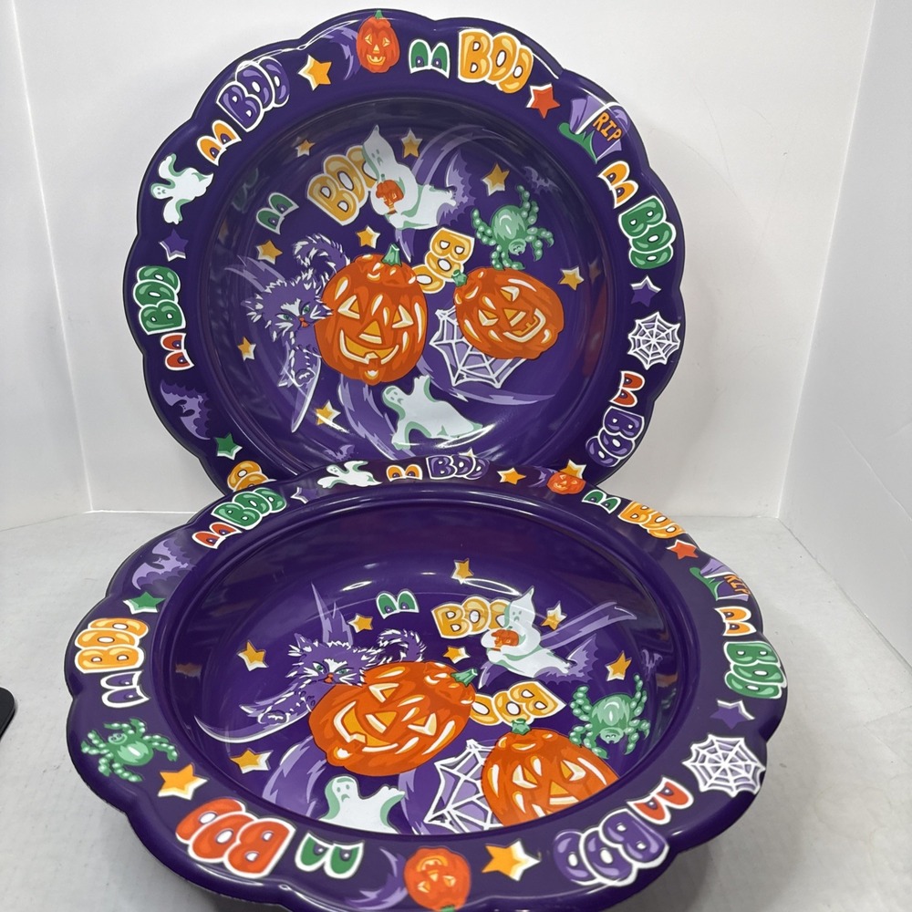 Vtg Ullman Plastic Trick or Treat Candy Bowl Halloween Pumpkin Purple Cat Set 2